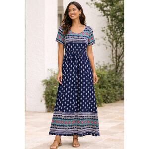 Emery Rose Boho Maxi Dress Blue Print Short Sleeve Empire Waist L